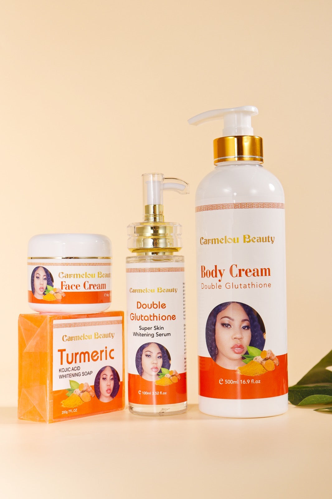 Set turmeric Carmelou beauty dody cream , serum , face cream, soap. ( grimèl rapid)