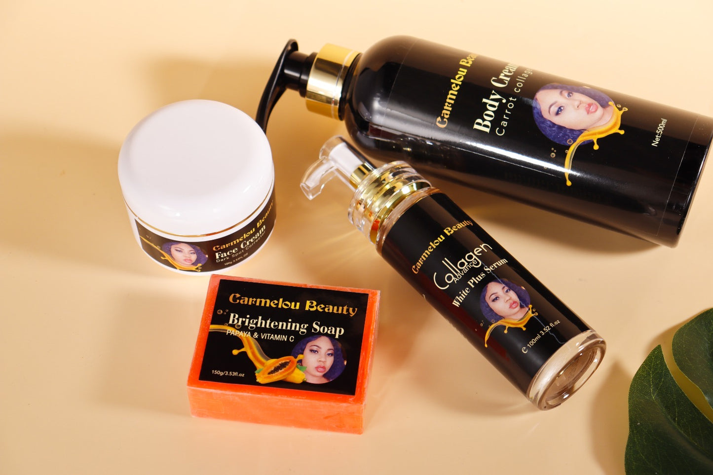 Set papaya and carrot Carmelou beauty dody lotion , serum , face cream, soap ( kenbe koulèw )